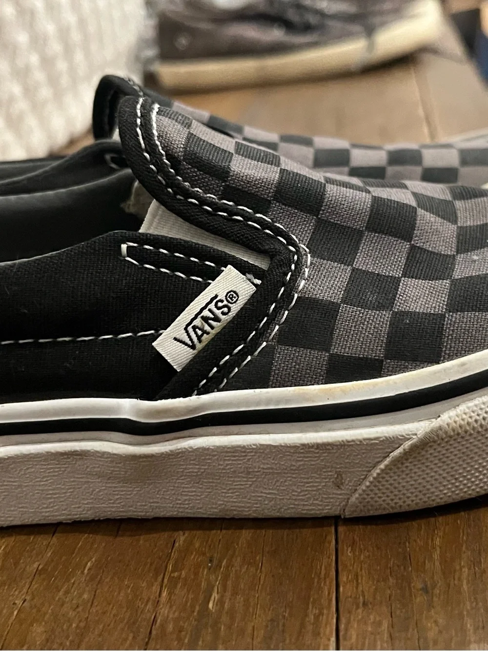 Boys size 13 Vans Kids Slip-On Checkerboard Sneakers - Black & Gray